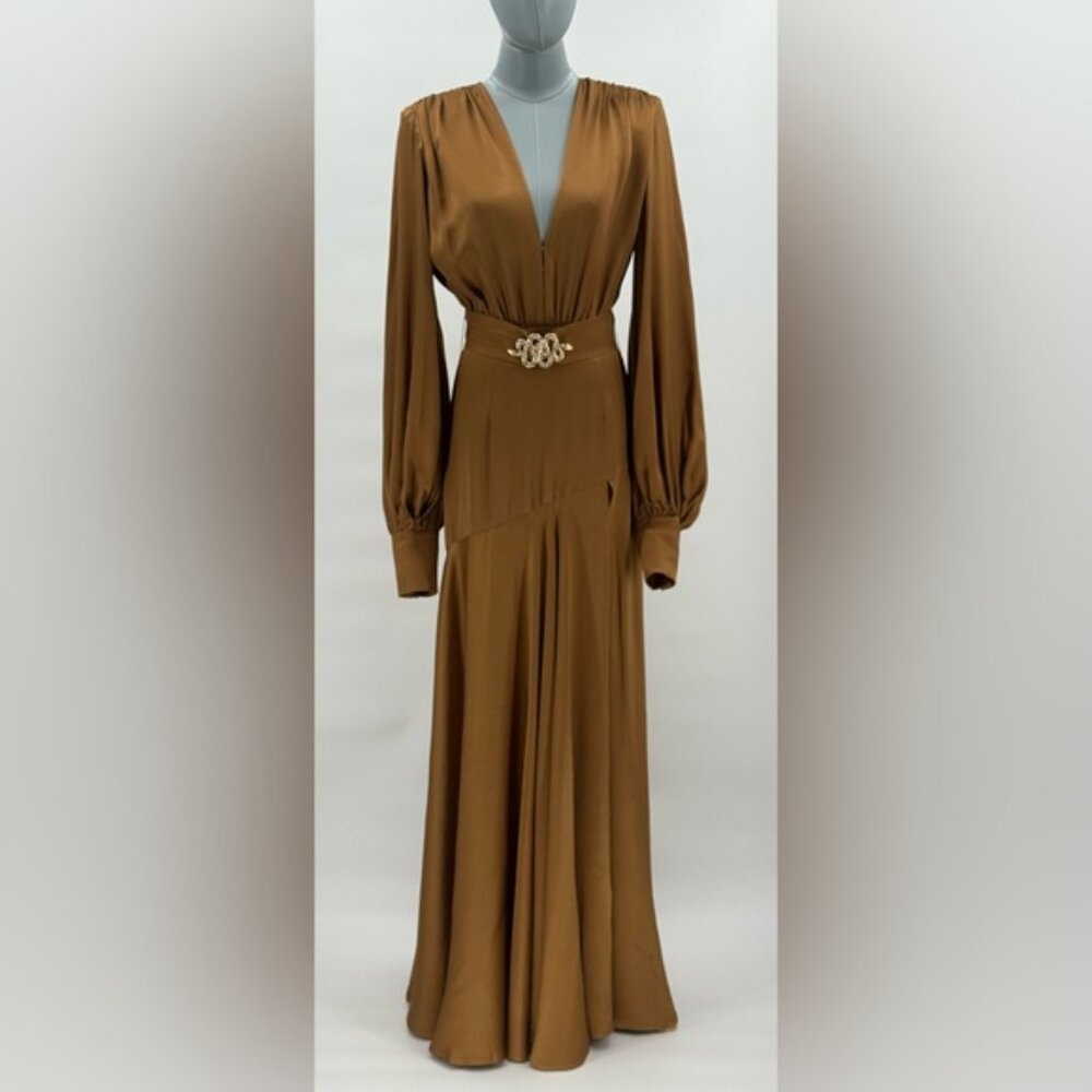 🆕 BRONX & BANCO 🧿 NWOT Carmen Long Sleeve Belted Maxi Gown, Copper, Sz XS US 2 - Picture 4 of 17